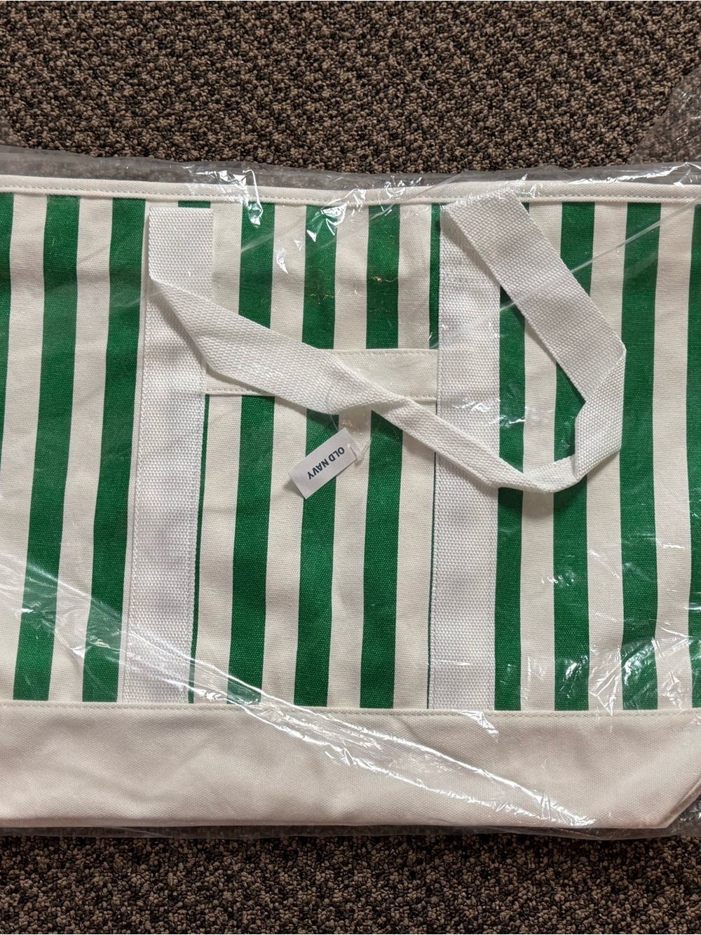 Old Navy Green and White Striped Canvas Beach Tote